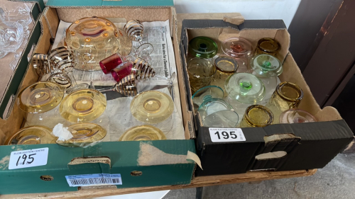 2 BOXES COLOURED GLASS- FRUIT & SUNDAE SETS & GLASSES ETC