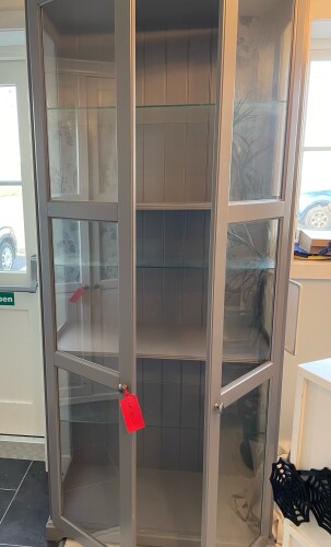 1 Ikea display cabinet - Grey c/w wooden & glass shelves