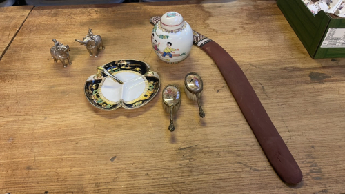 BOX GINGER JAR, NORITAKE PLATE, 2 ELEPHANTS, BOOMERANG