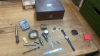 MAHOGANY BOX PEN KNIVES WATCH JEWELLERY ETC