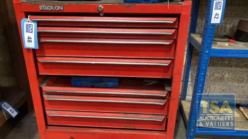 Stack-On Rolling Tool Chest Containing Various Hand Tools -