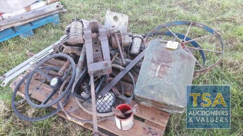 Pallet Containing Heavy Bench Vice, Steering Wheel, Fuel Cans,