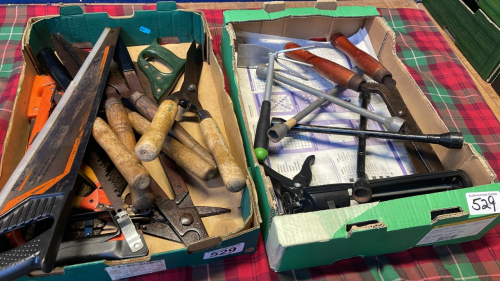 2 BOXES GARDEN SHEARS WHEEL BRACES SAWS ETC