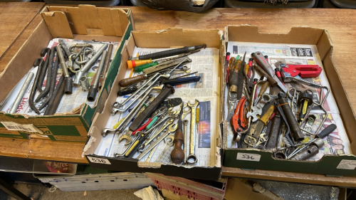 3 BOXES ASSORTED TOOLS CROW BARS ETC