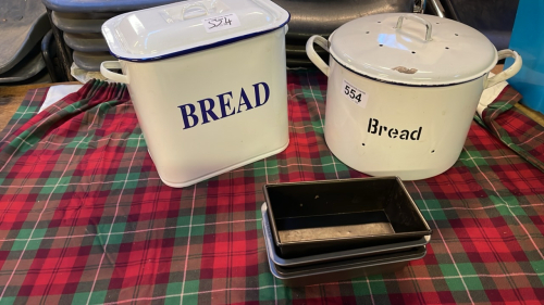 2 ENAMEL BREAD BINS MINCER & TINS