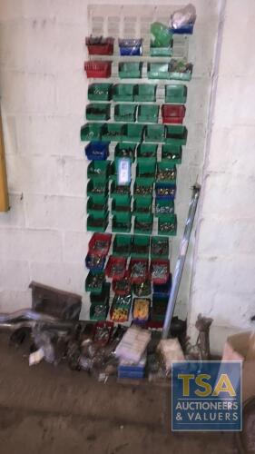 Quantity Wall Mounted Plastic Parts Bins c/w Quantity Nuts,