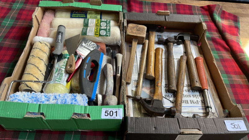 2 BOXES HAMMERS PAINT BRUSHES DIY ITEMS ETC