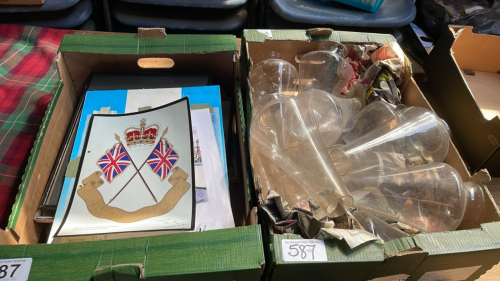 2 BOXES LAMP FUNNELS PICTURES ETC