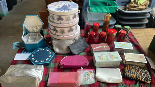2 BOXES STORAGE TINS BOXES BAGS & JEWLLERY BOX