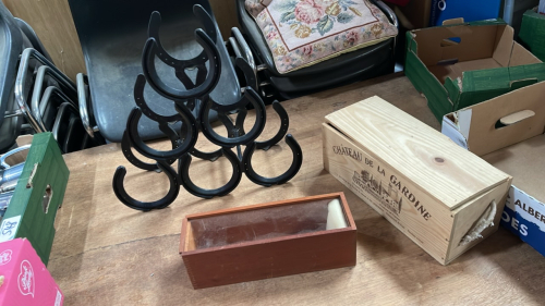 BOX-HORSE SHOE WINE RACK & 2 BOXES