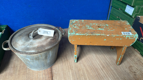 GALVANISED POT & WOODEN STOOL