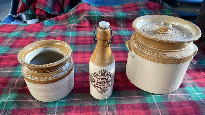 BOX OF STONEWARE & STONEHAVEN BOTTLE - JOHN MILNE