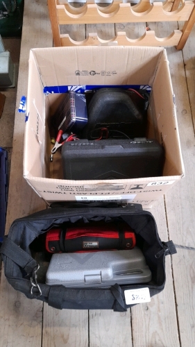 BOX OF TOOLS, CHARGER, STAPLE GUN ETC