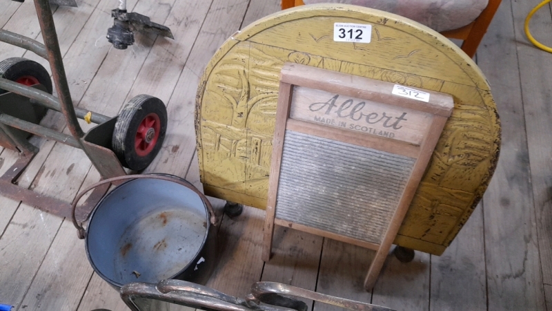 WASHBOARD, ENAMEL POT, CARVED SCREEN