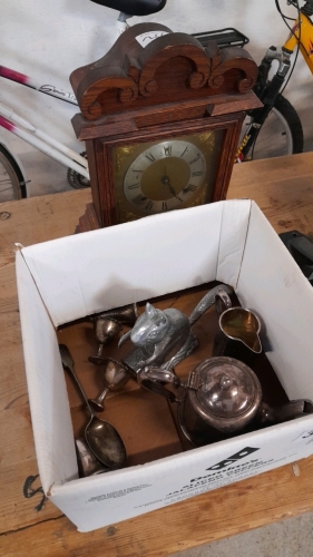 BOX SILVER PLATED WARE & CLOCK